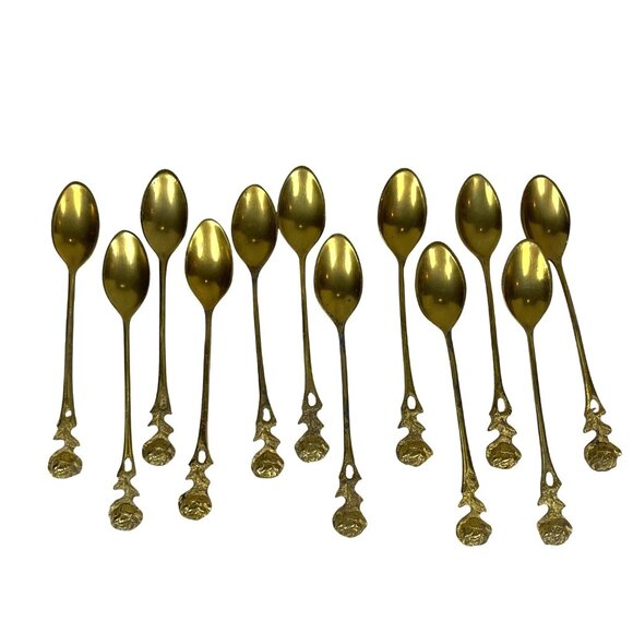 Spoons Gold Tone Brass Coffee Demitasse Tea Lot Rose Handles Set of 12 Vintage - Picture 1 of 10